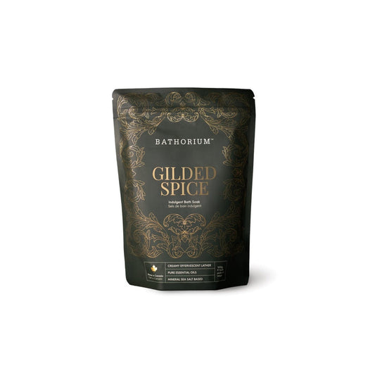 Gilded Spice Limited Edition Bath Soak | Bathorium in an elegant black and gold resealable pouch, designed for a luxurious skincare and wellness soak experience.