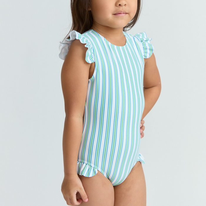 girls tamarin stripe ruffle cap sleeve one piece