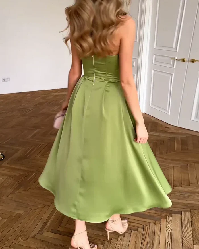 Glyvenza - Robe midi femme satinée sans bretelles élégante et raffinée