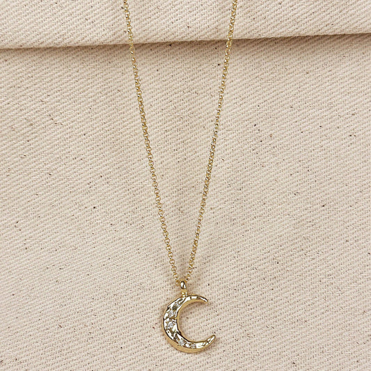 GoldFi 18k Gold Filled Hammered Crescent Moon CZ Necklace