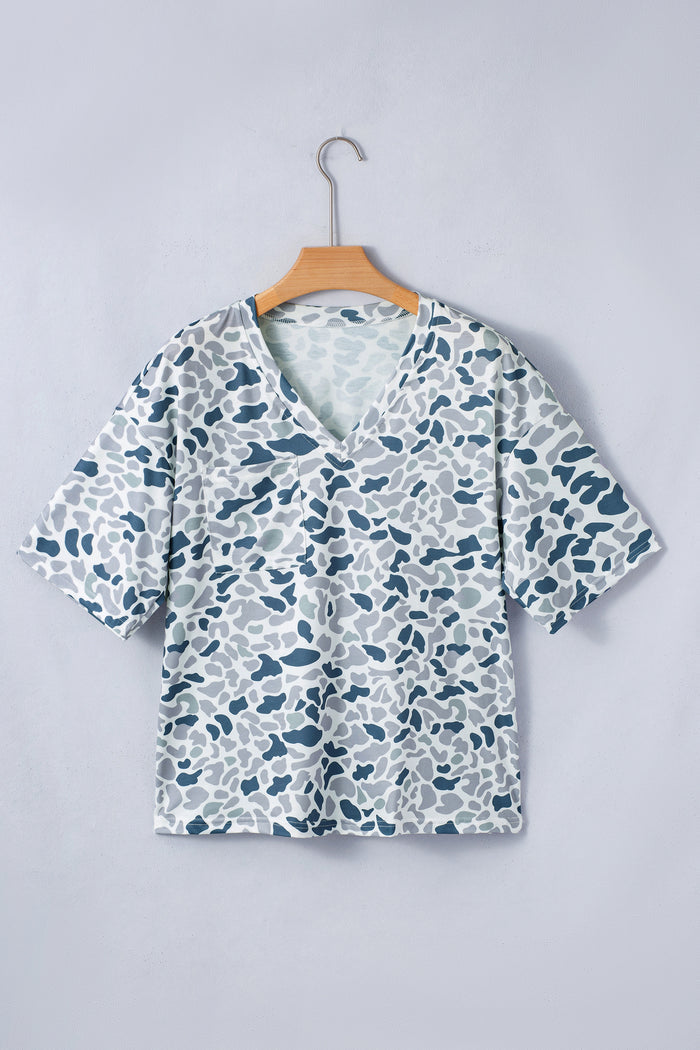 Gray Camouflage Print Single Chest Pocket V Neck Tee 🇺🇸