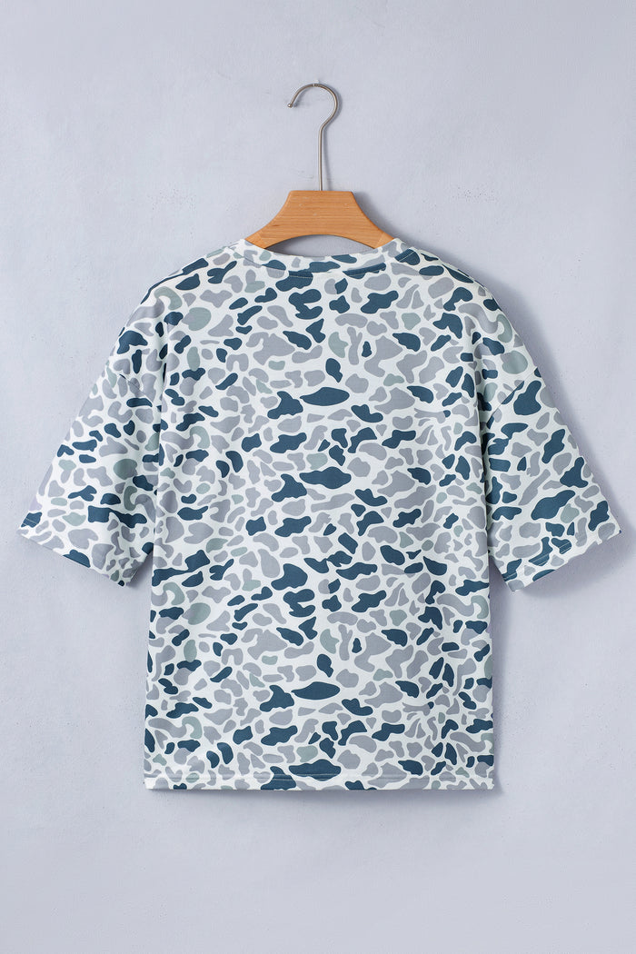Gray Camouflage Print Single Chest Pocket V Neck Tee 🇺🇸