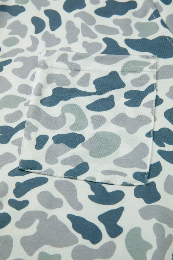 Gray Camouflage Print Single Chest Pocket V Neck Tee 🇺🇸