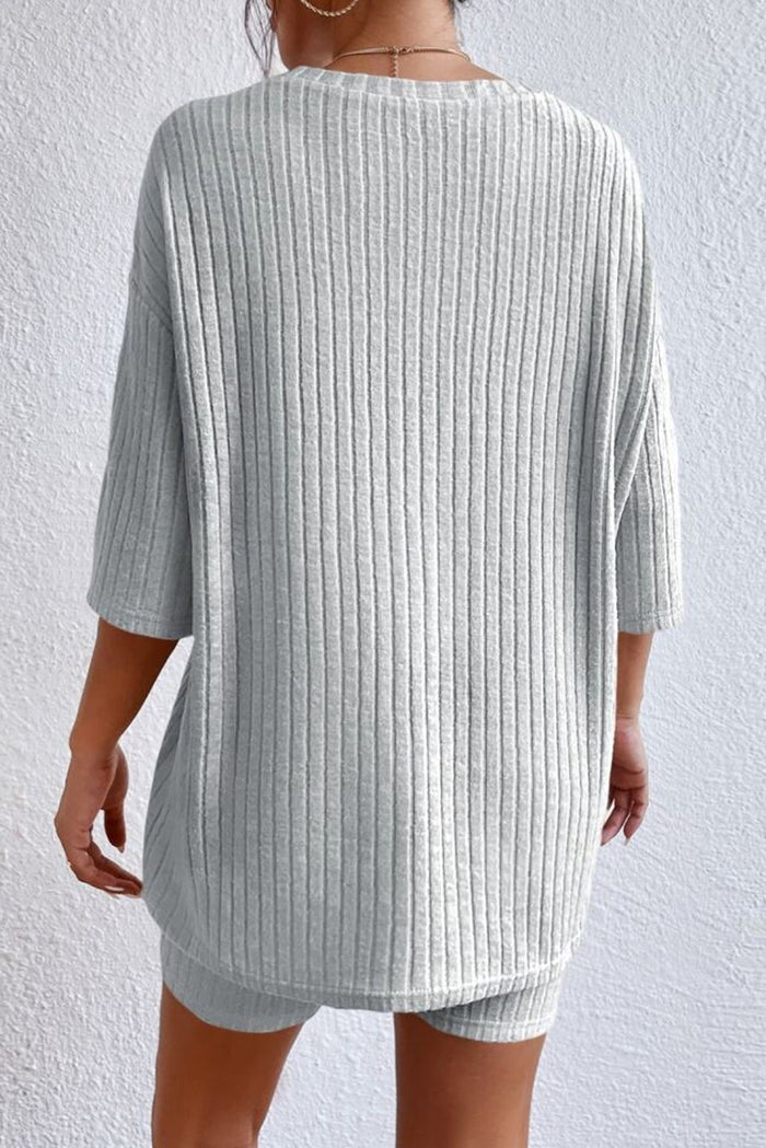 Gray Plain Ribbed Loose Fit Two Piece Lounge Set 🇺🇸