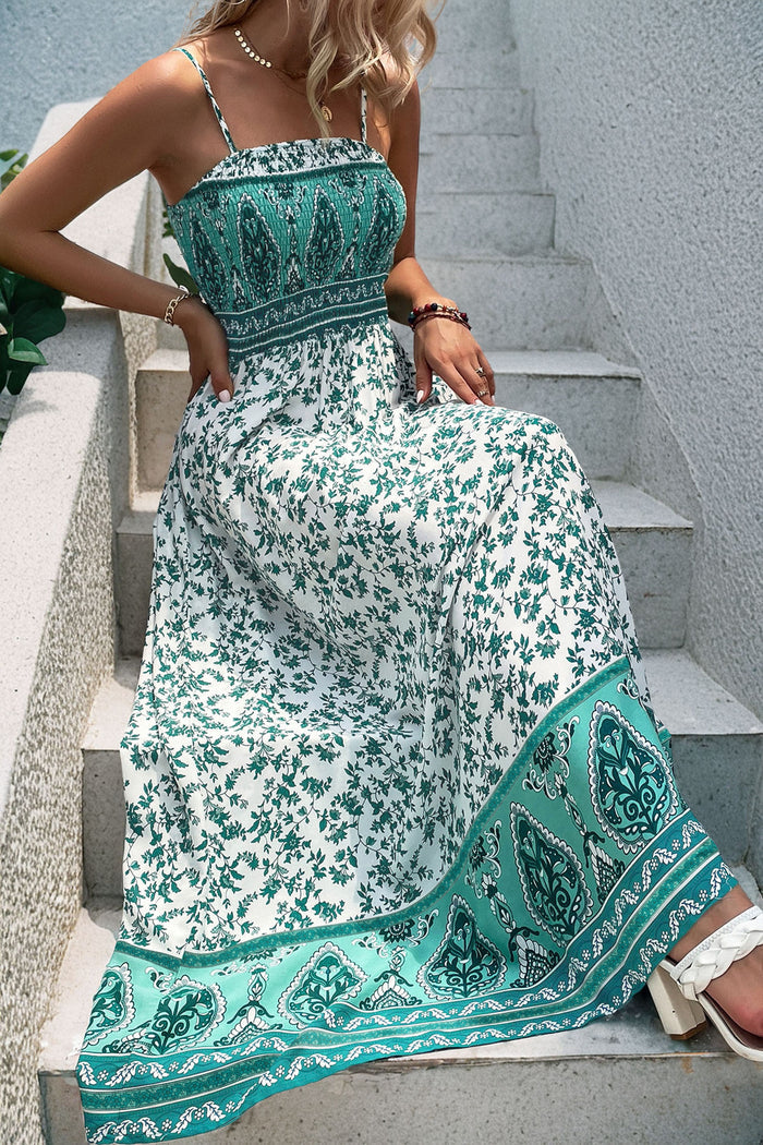 Green Boho Floral Print Shirred Cami Maxi Dress 🇺🇸