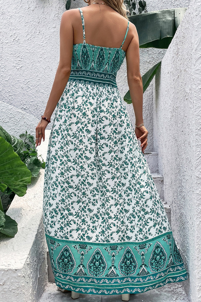 Green Boho Floral Print Shirred Cami Maxi Dress 🇺🇸