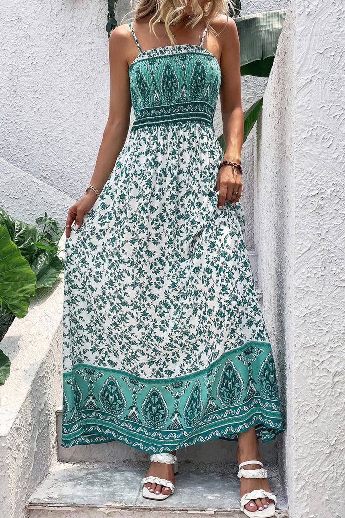 Green Boho Floral Print Shirred Cami Maxi Dress 🇺🇸