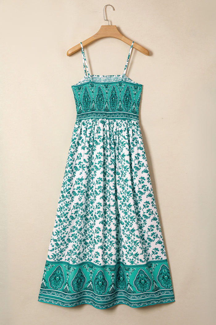 Green Boho Floral Print Shirred Cami Maxi Dress 🇺🇸