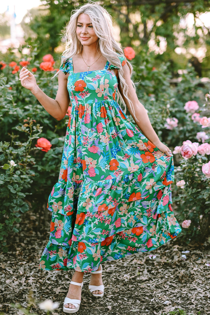 Green Floral Print Sleeveless Ruffle Tiered Maxi Dress 🇺🇸