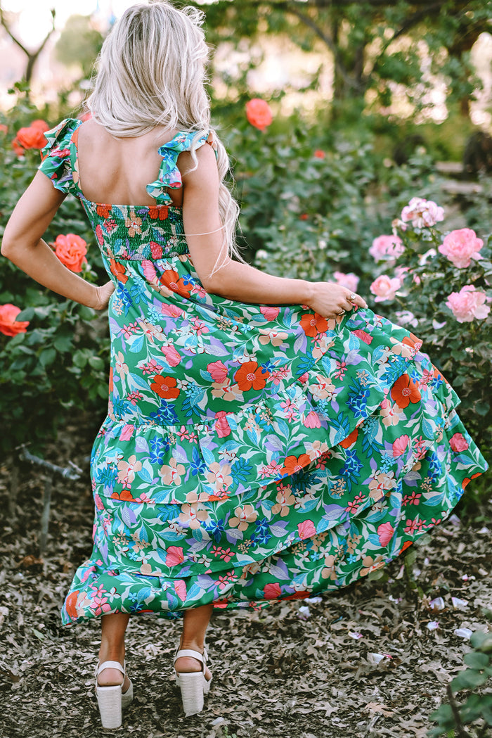 Green Floral Print Sleeveless Ruffle Tiered Maxi Dress 🇺🇸