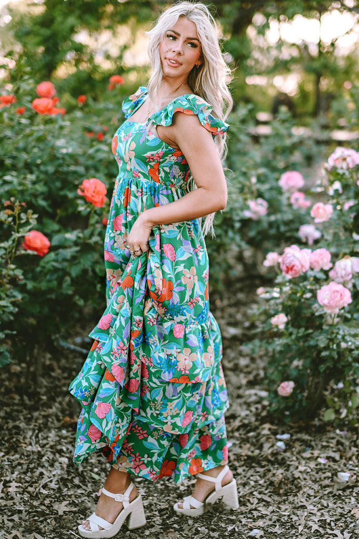 Green Floral Print Sleeveless Ruffle Tiered Maxi Dress 🇺🇸