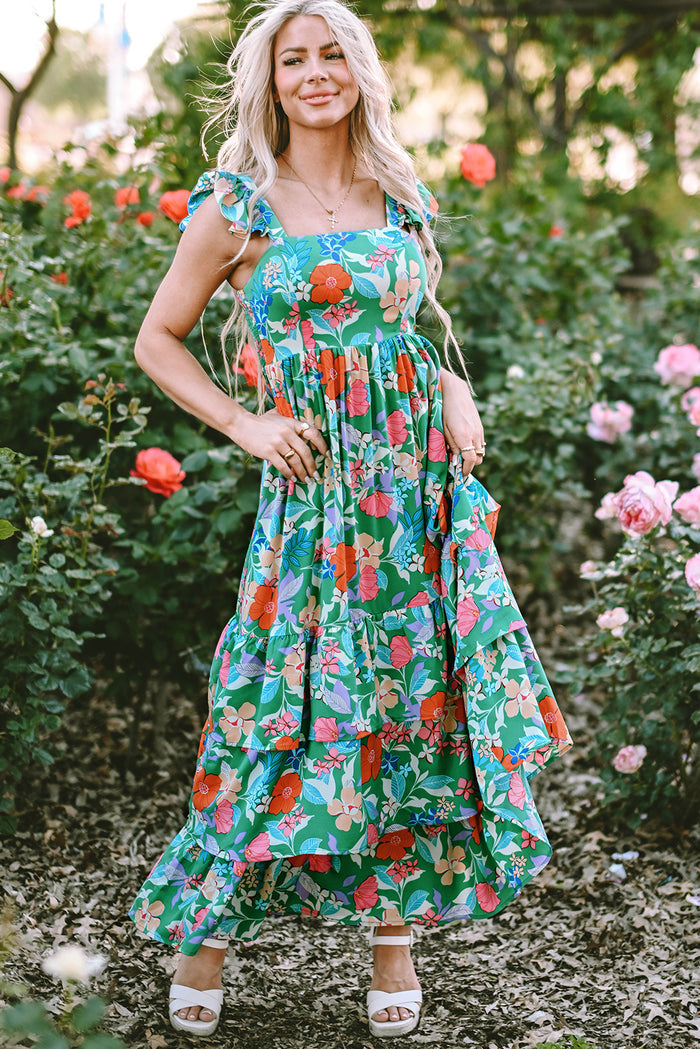 Green Floral Print Sleeveless Ruffle Tiered Maxi Dress 🇺🇸