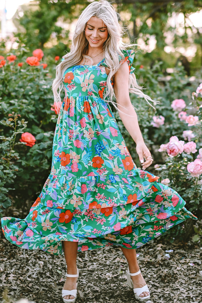 Green Floral Print Sleeveless Ruffle Tiered Maxi Dress 🇺🇸