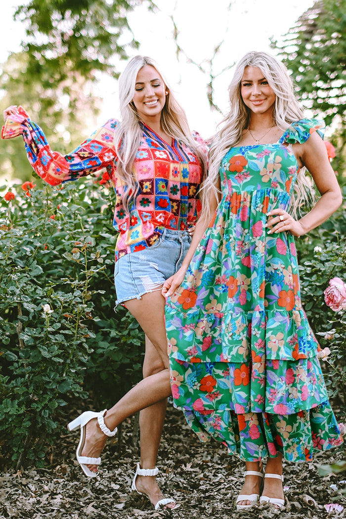 Green Floral Print Sleeveless Ruffle Tiered Maxi Dress 🇺🇸