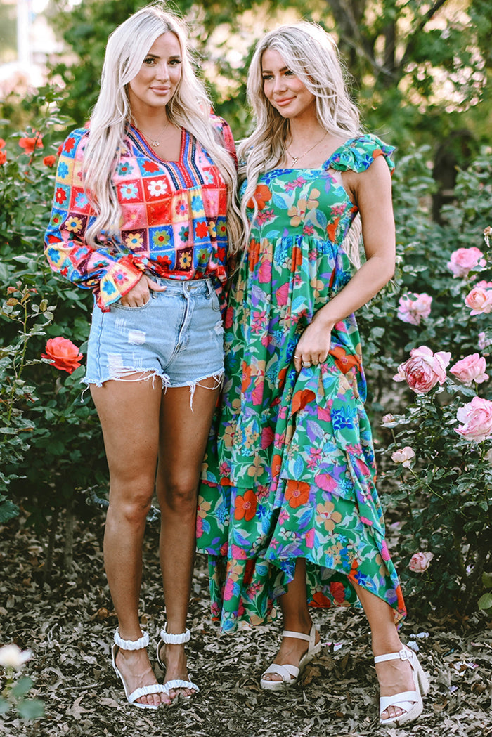Green Floral Print Sleeveless Ruffle Tiered Maxi Dress 🇺🇸