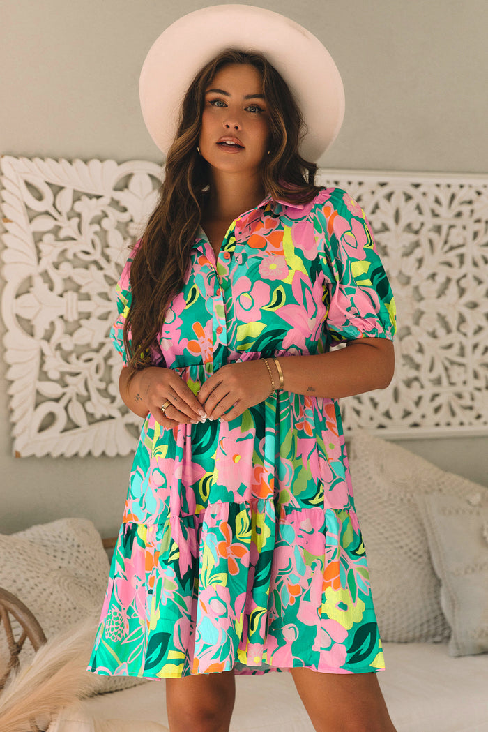 Green Floral Puff Sleeve Collar Buttoned Babydoll Dress 🇺🇸