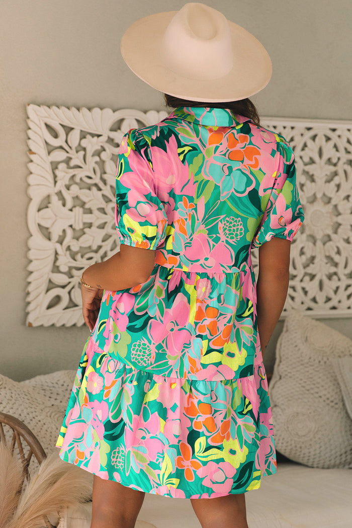 Green Floral Puff Sleeve Collar Buttoned Babydoll Dress 🇺🇸