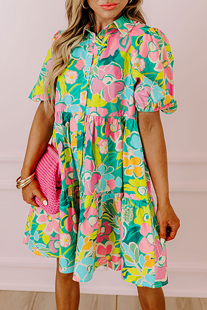 Green Floral Puff Sleeve Collar Buttoned Babydoll Dress 🇺🇸