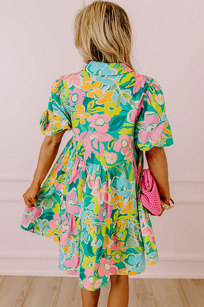 Green Floral Puff Sleeve Collar Buttoned Babydoll Dress 🇺🇸