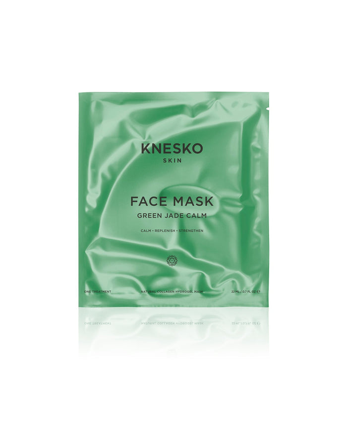 Packaging of Green Jade Calm Face Mask | KNESKO in a sleek green sachet for skincare focused on calming and replenishing the skin.