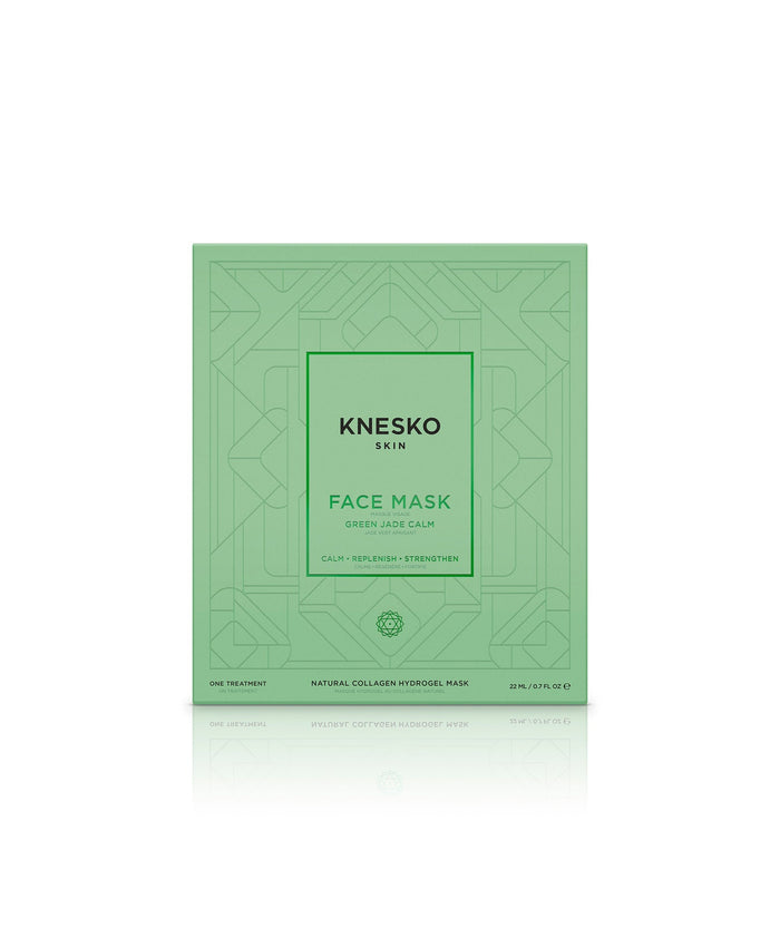 Green packaging of Green Jade Calm Face Mask | KNESKO, a natural collagen hydrogel skincare product designed to calm, replenish, and strengthen skin.