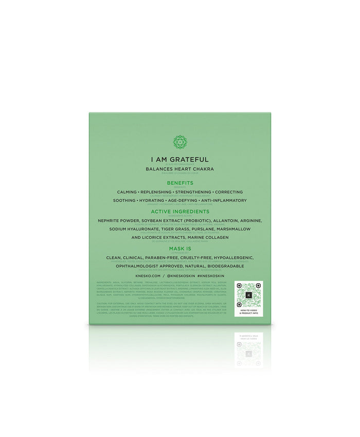 Back of the Green Jade Calm Face Mask | KNESKO packaging showing benefits, active ingredients, and product qualities focused on calming and hydrating skincare.