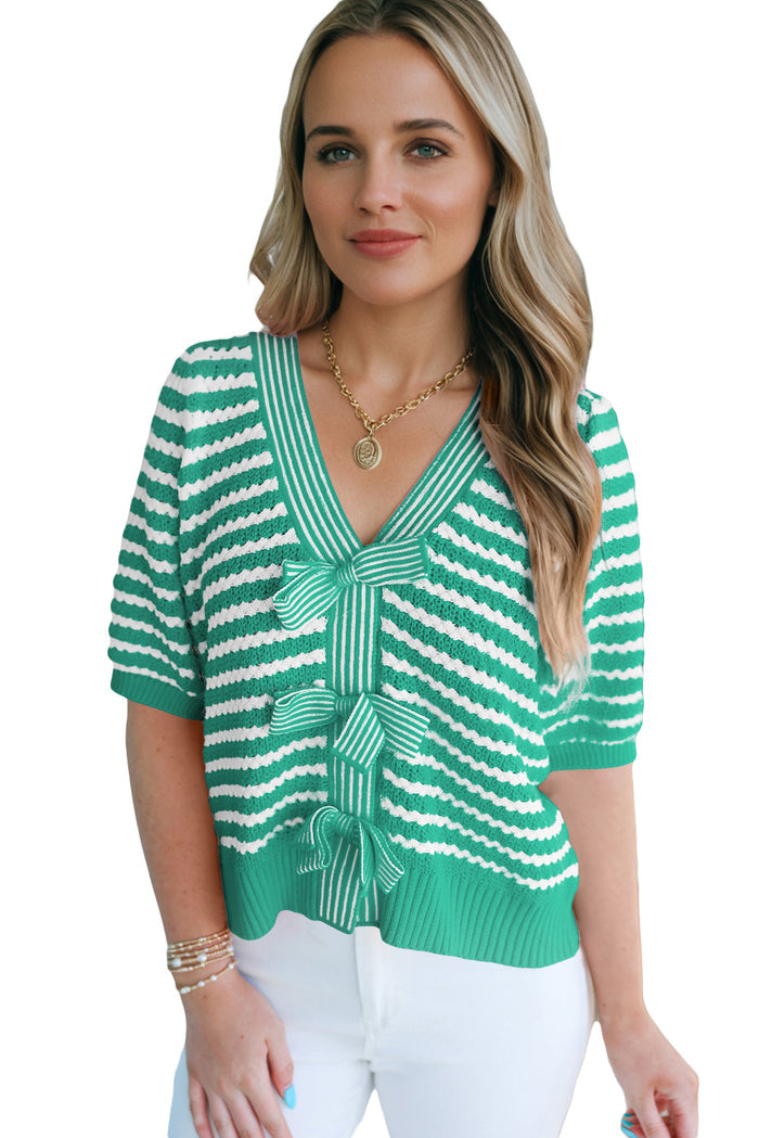 Green Stripe Short Sleeve Knit V Neck Bow Knot Sweater 🇺🇸