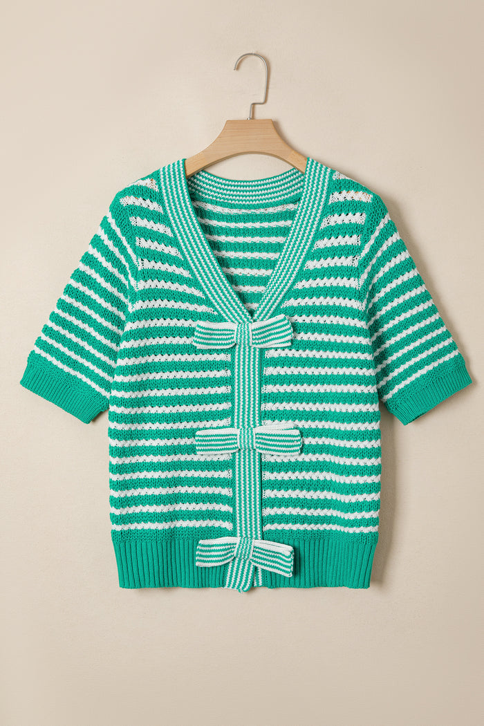 Green Stripe Short Sleeve Knit V Neck Bow Knot Sweater 🇺🇸