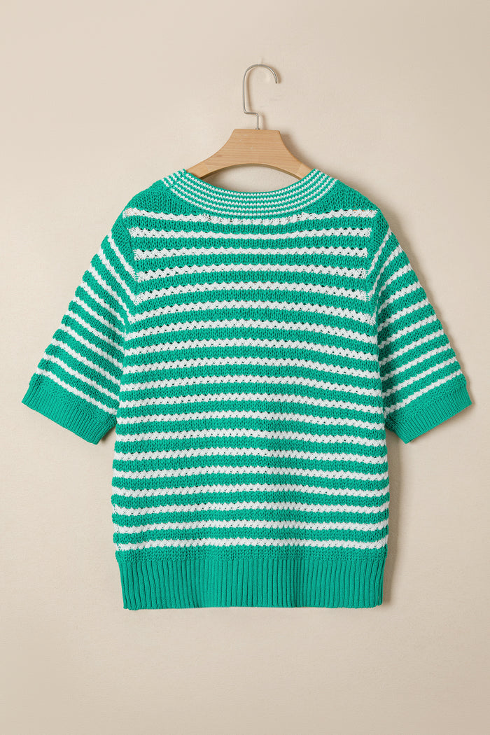 Green Stripe Short Sleeve Knit V Neck Bow Knot Sweater 🇺🇸