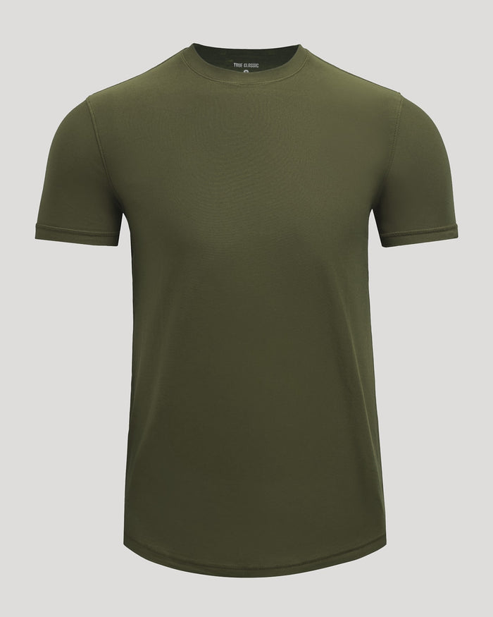 An olive green short-sleeve crewneck t-shirt displayed on a neutral light gray background.