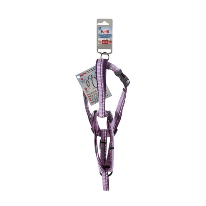 White background with a purple Halti Walking Harness with a metal clips and loops, attached to a cardboard tag.