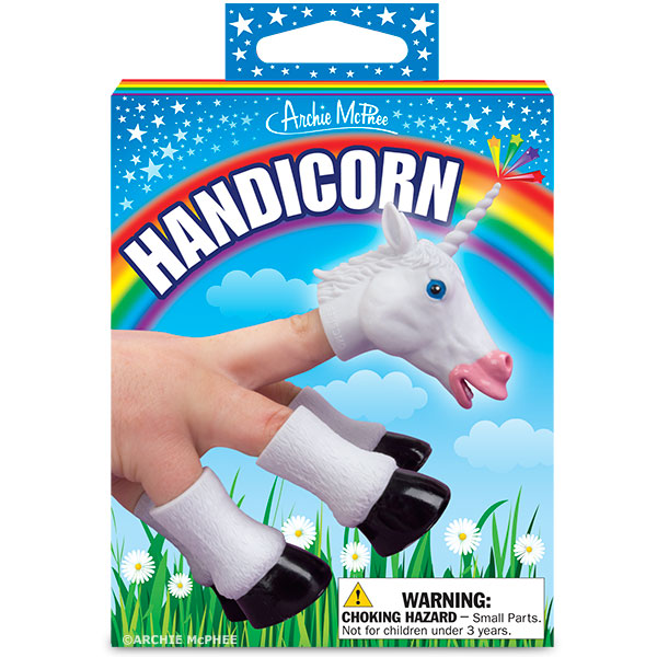 A box of Handicorn that includes a unicorn head finger puppet, embellished with vibrant rainbow and flower designs on the packaging.