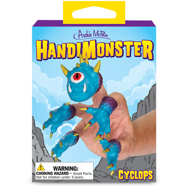 The Handimonster package includes a blue Cyclops finger puppet from the monster set, along with a warning label.