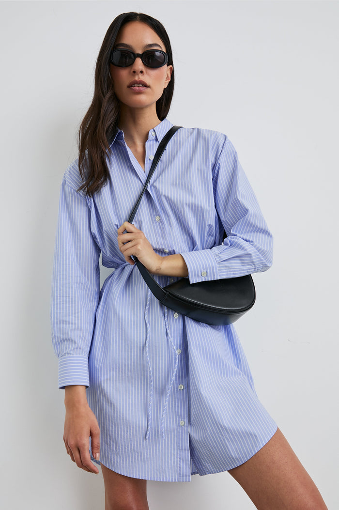 Harmony Long-Sleeve Mini Dress with Buttons Down the Front, Buttoned Cuffs, a Collar, Side Slits and a Tie at the Waist in Oxford White Stripe Colorway, Vertical Blue and White Stripes - Front View Featured on Model