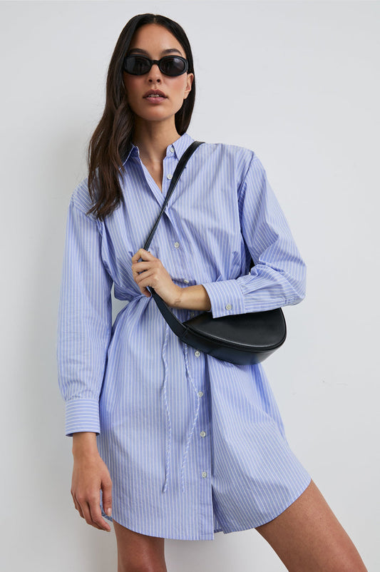 Harmony Long-Sleeve Mini Dress with Buttons Down the Front, Buttoned Cuffs, a Collar, Side Slits and a Tie at the Waist in Oxford White Stripe Colorway, Vertical Blue and White Stripes - Front View Featured on Model