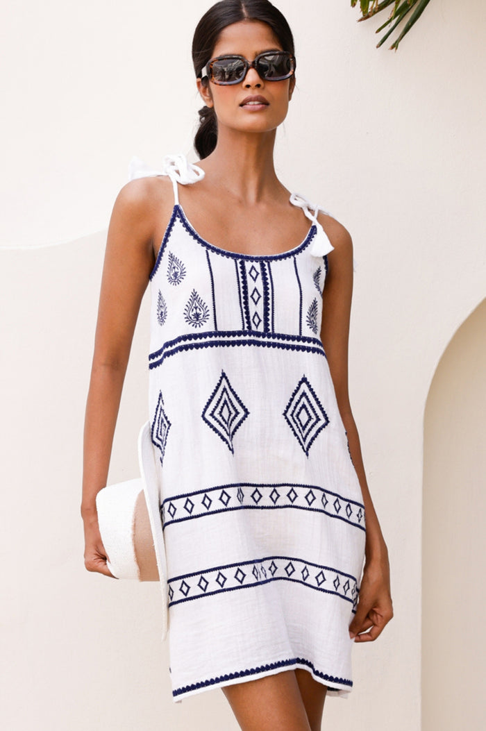 Imogen Mini Dress | White/Navy - Aspiga