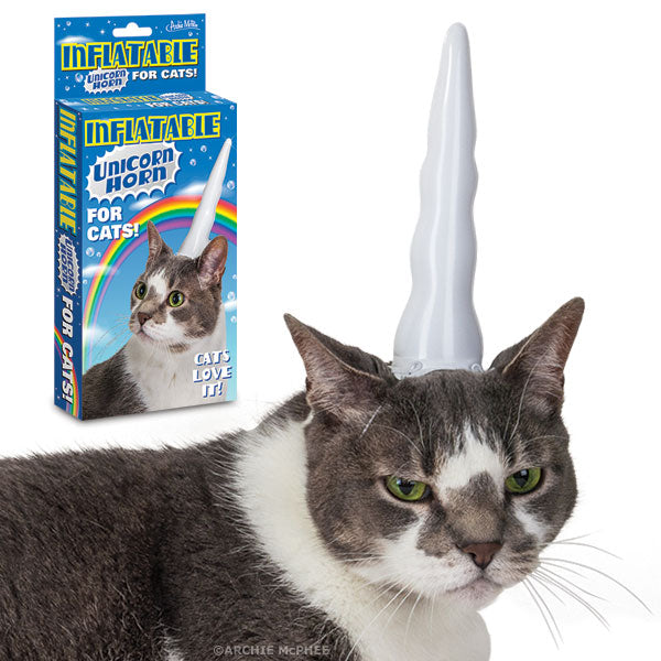 With the Inflatable Unicorn Horn for Cats, your feline friend is instantly transformed into a charming uni-cat, featuring a vinyl unicorn horn that adorns its head. The product's packaging stands proudly beside, showcasing its magical ability to turn any cat into a mythical creature in moments.