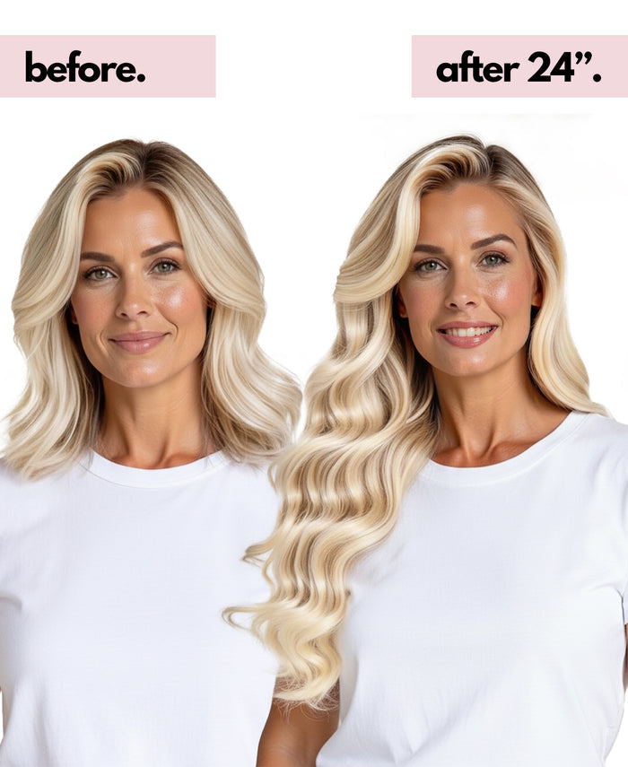 Before and after comparison of a woman's hair extensions with text indicating 24-inch length.
