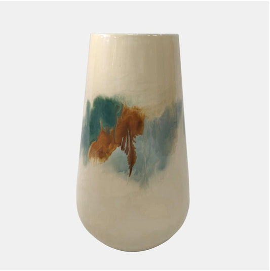 White beige vase with green, blue and brown decorative stain in the middle.