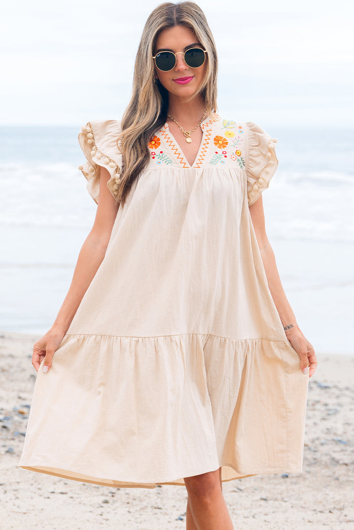 Jet Stream Linen Embroidery Split Neck Pom Pom Ruffle Sleeves Flowy Short Dress 🇺🇸