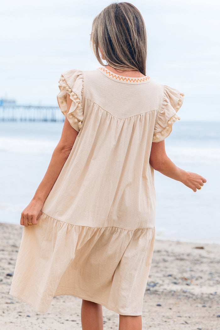 Jet Stream Linen Embroidery Split Neck Pom Pom Ruffle Sleeves Flowy Short Dress 🇺🇸