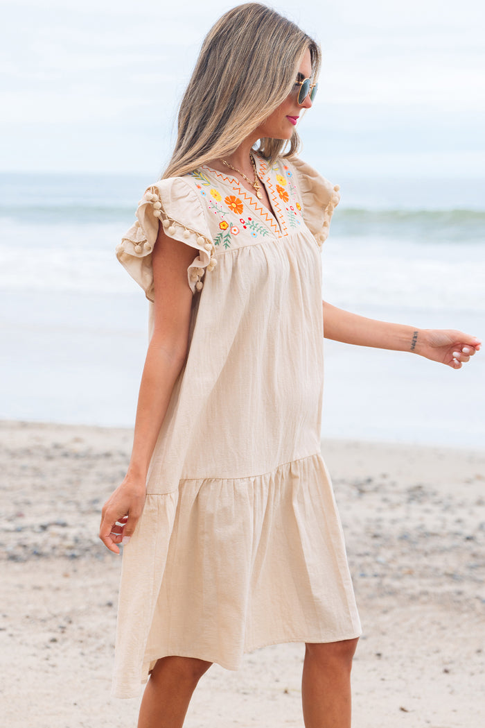 Jet Stream Linen Embroidery Split Neck Pom Pom Ruffle Sleeves Flowy Short Dress 🇺🇸