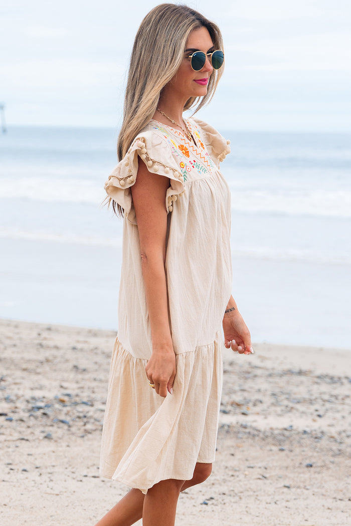Jet Stream Linen Embroidery Split Neck Pom Pom Ruffle Sleeves Flowy Short Dress 🇺🇸