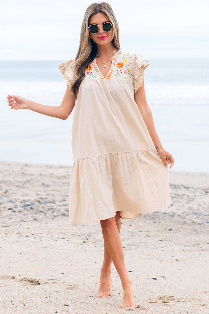 Jet Stream Linen Embroidery Split Neck Pom Pom Ruffle Sleeves Flowy Short Dress 🇺🇸