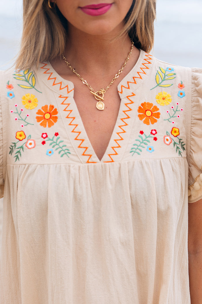 Jet Stream Linen Embroidery Split Neck Pom Pom Ruffle Sleeves Flowy Short Dress 🇺🇸