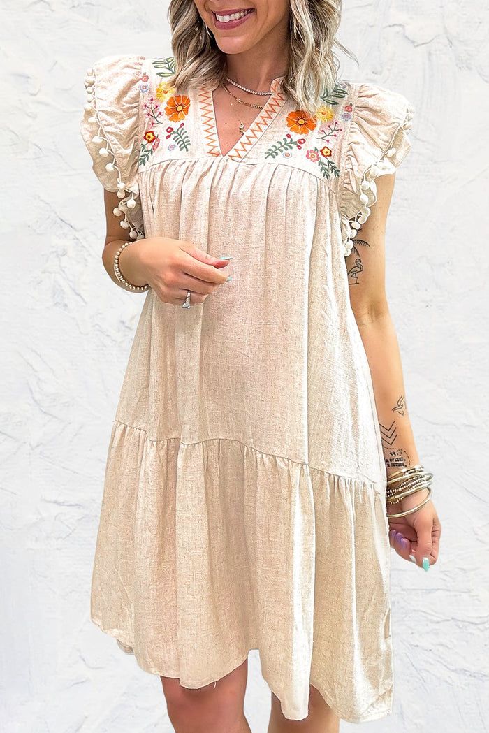 Jet Stream Linen Embroidery Split Neck Pom Pom Ruffle Sleeves Flowy Short Dress 🇺🇸