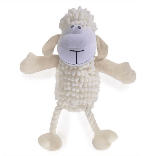 Front facing cream sheep dog toy with a  white fabric face with with pom pom like eyes and stitched detail nose and mouth, micro fibre body, cream arms, white rope legs attached to cream feet pictured on a white background.