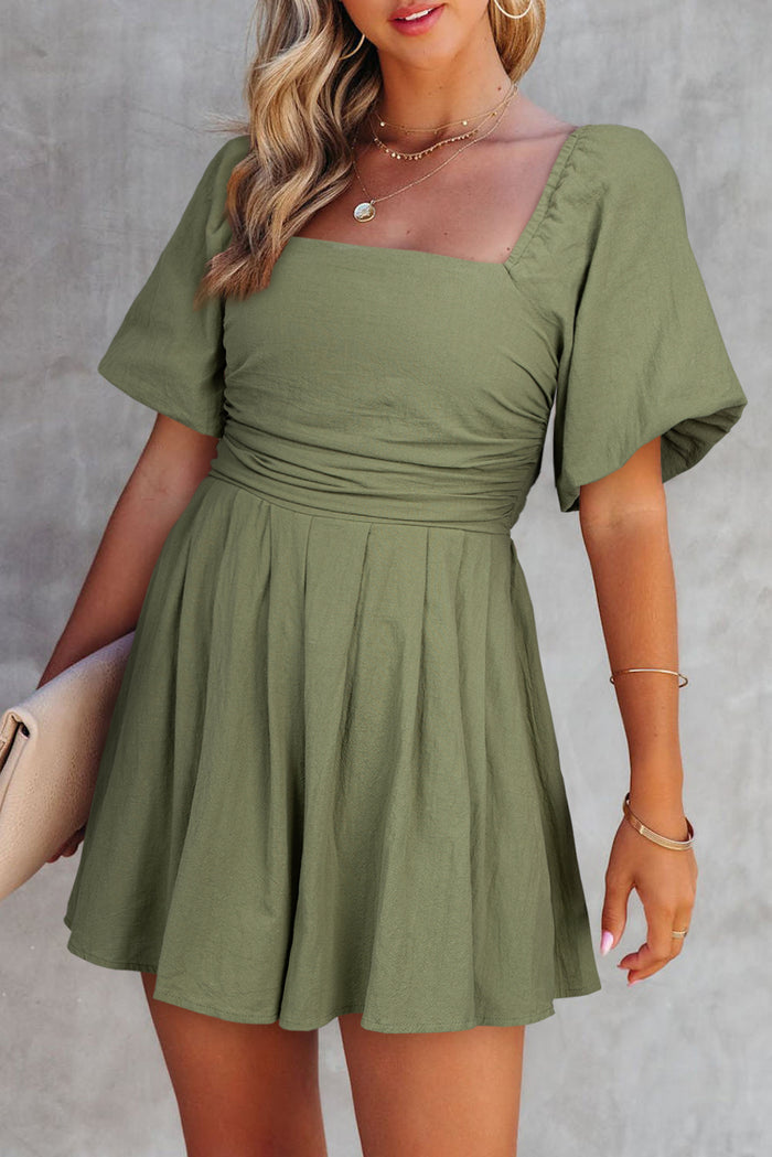 Jungle Green Square Neck Ruched Puff Sleeve Romper 🇺🇸