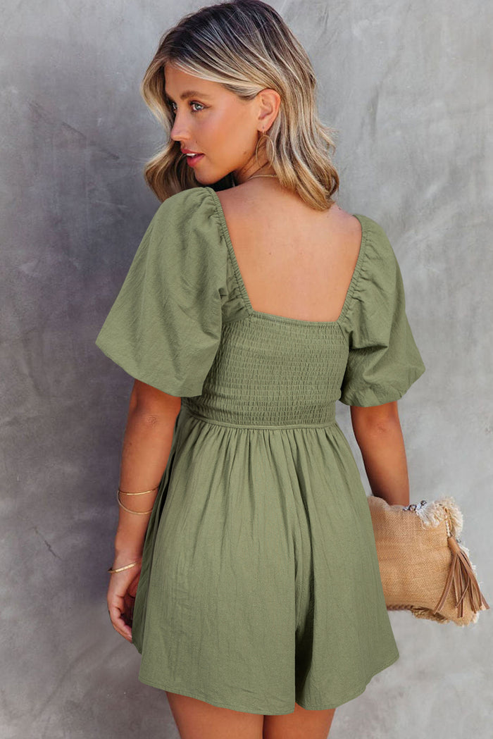 Jungle Green Square Neck Ruched Puff Sleeve Romper 🇺🇸