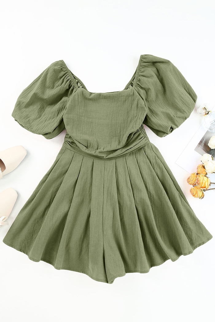 Jungle Green Square Neck Ruched Puff Sleeve Romper 🇺🇸
